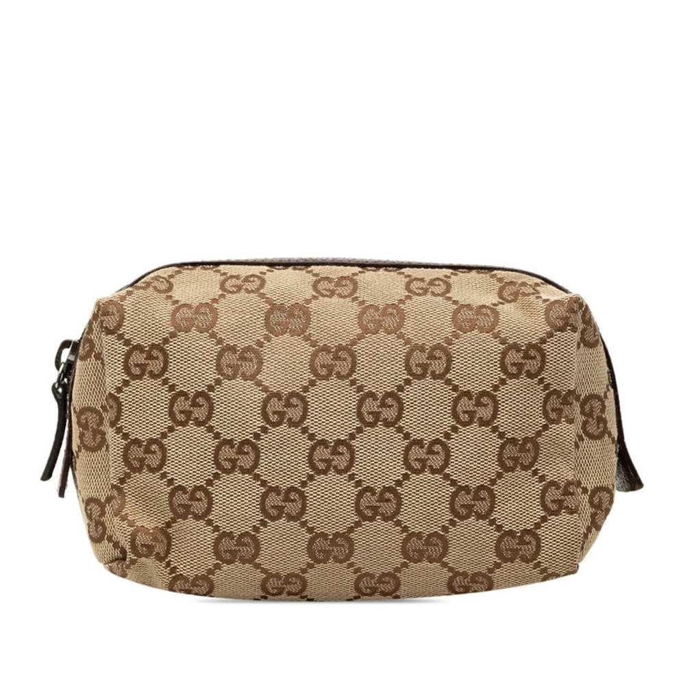 Gucci GG Canvas Pouch Clutch Beige Cream Brown Leather